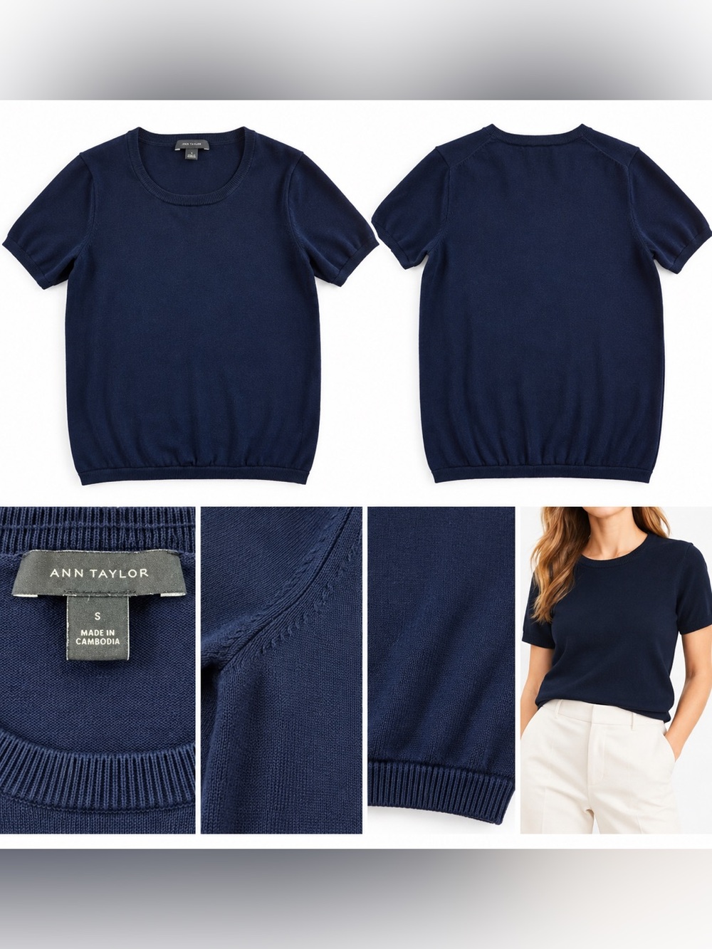 Ann Taylor Navy Blue Short Sleeve Knit Sweater Top Size Small S